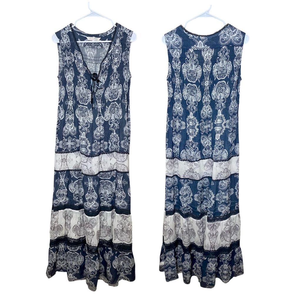 Odd Molly Charcoal Gray and White Boho Tiered Ruffle Mandala Print Maxi Dress